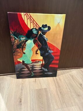 Vintage-Style Dancing Couple Canvas Art in Teal and Red